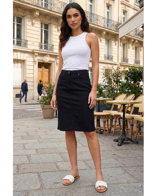 Roman Black Cotton Denim Stretch A Line Skirt