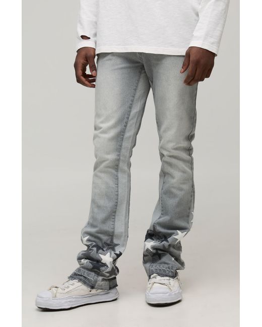 BoohooMAN Gray Slim Flared Stacked Star Applique Gusset Jeans for men