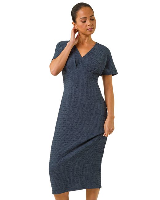 Roman Blue Petite Textured V-Neck Stretch Midi Dress