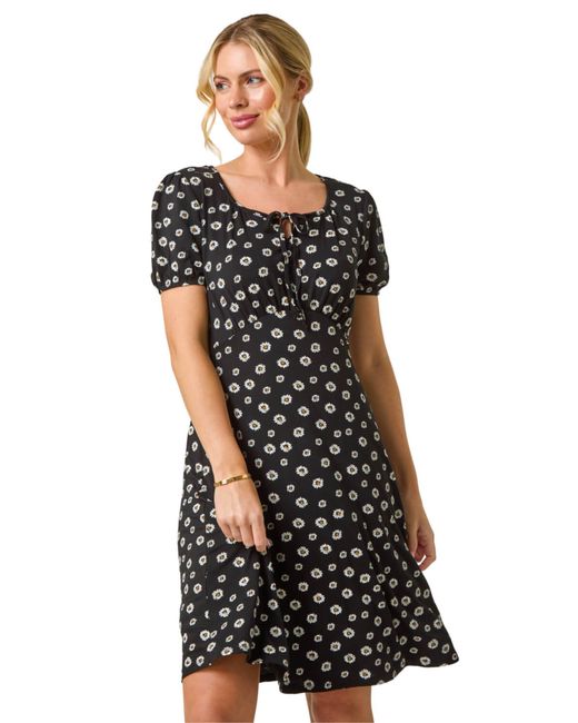 Roman Black Petite Ditsy Floral Tie Detail Dress