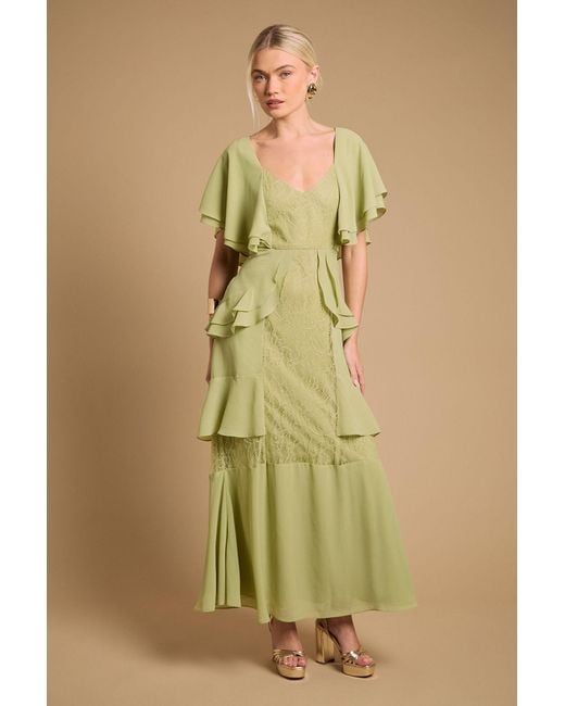 Oasis Green Lace Panel Ruffle Maxi Dress
