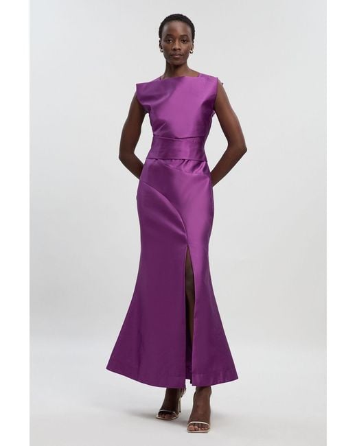 Karen Millen Purple Satin Twill Draped Waist Structured Tailored Maxi Dress