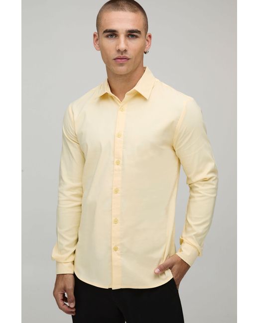 BoohooMAN Natural Slim Fit Long Sleeve Cotton Shirt for men