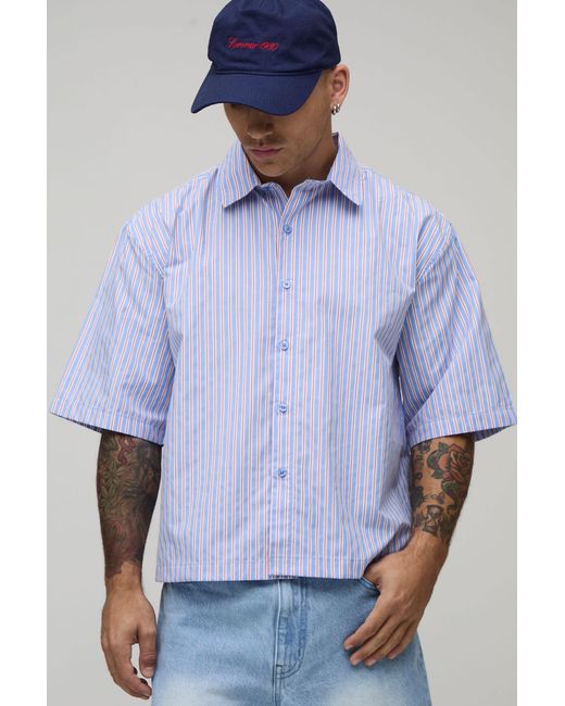 BoohooMAN Blue Oversized Boxy Half Sleeve Multi Stripe Shirt for men