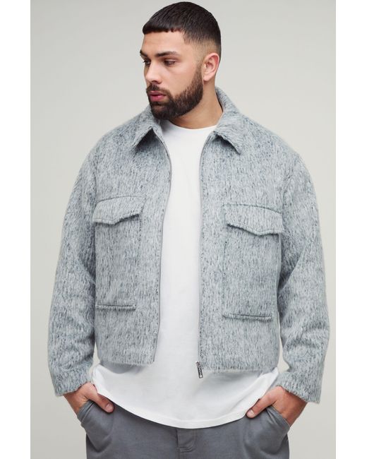 BoohooMAN Gray Plus Wool Blend Smart Zip Up Regular Fit Cargo Jacket for men