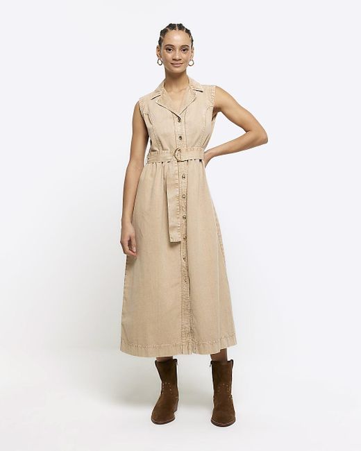 River Island Natural Beige Belted Denim Midi Shirt Dress