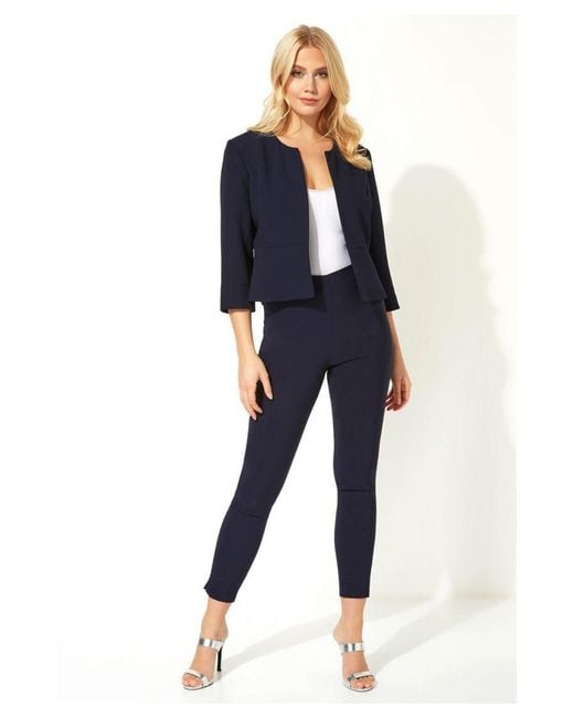 Roman Blue Cropped Bolero Tailored Jaquard Jacket Wedding Shrug Fitted Blazer