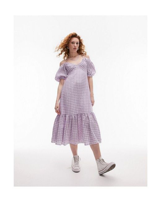 TOPSHOP Purple Textured Check Bust Cup Midi Dress