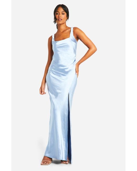 Boohoo Blue Tall Bridesmaid Satin Square Neck Maxi Dress