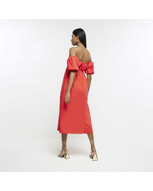 River Island Red Midi Dress Ruched Bardot Cotton