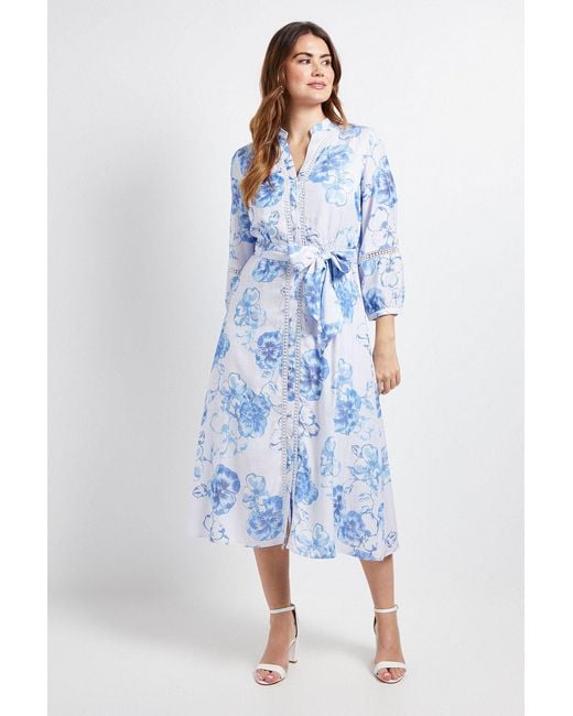 Wallis Blue Floral Lace Insert Collarless Shirt Dress
