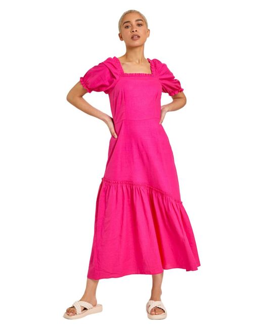 D.u.s.k Pink Square Neck Asymmetric Tiered Midi Dress