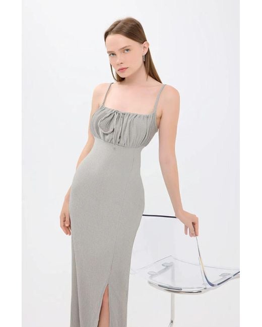 Hiccup White Smocked Square Neck Spaghetti Strap Tie Front Midi Dress With A Side Slit
