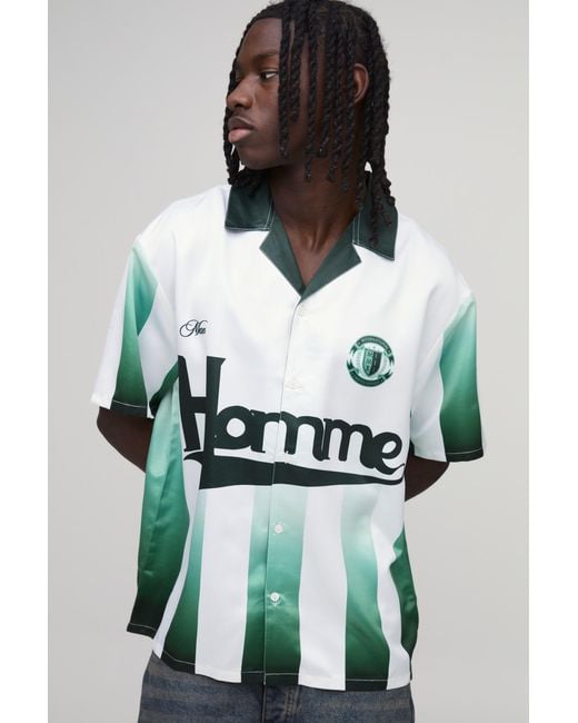 BoohooMAN Green Oversized Half Sleeve Homme Sports Print Satin Shirt for men