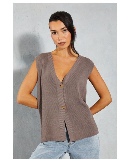 MissPap Gray Knitted Boxy Oversized Plunge Front Buttoned Waistcoat