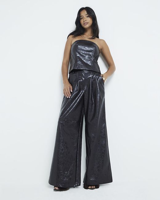 River Island Wide Leg Trousers Petite Faux Leather in Blue Lyst UK
