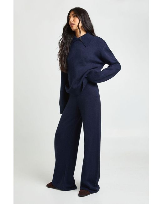 Boohoo Blue Tall Chunky Knit Collar Detail Oversized Knitted Jumper And Wide Leg Trouser Co-Ord