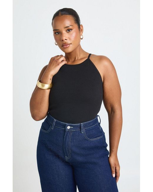 Boohoo Blue Plus Rib Boat Neck Strappy Vest Top