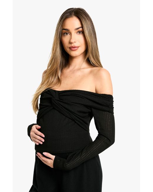 Boohoo Black Maternity Textured Twist Detail Bardot Long Sleeve Top