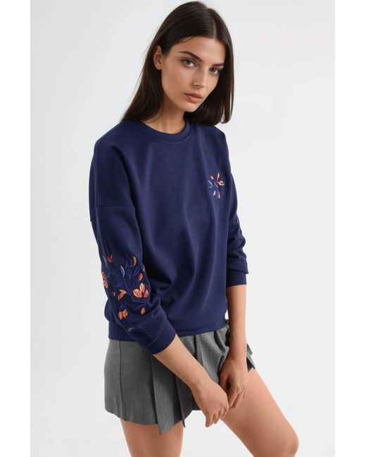 Hiccup Blue Modal Touch Crew Neck Embroidered Sweatshirt