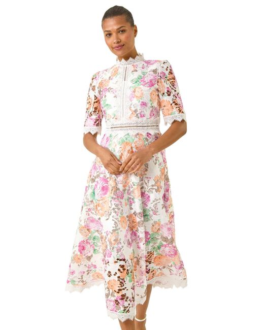 Roman White Floral Lace Midi Dress
