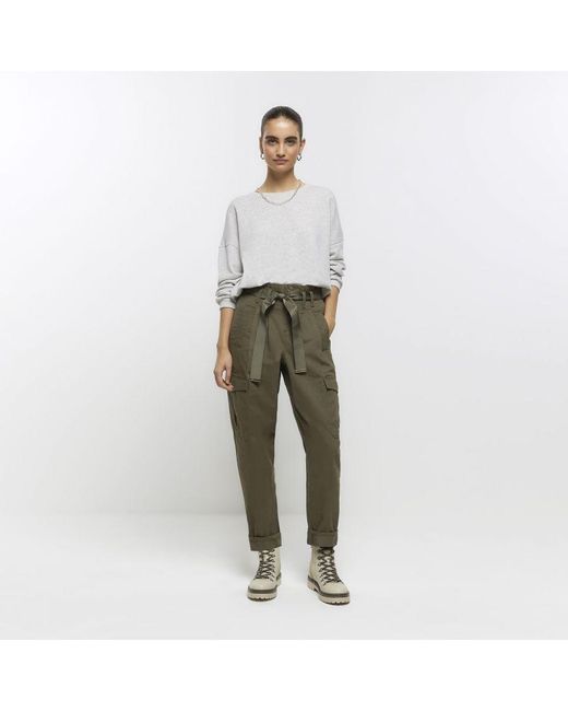 River Island White Cargo Trousers Belted Paperbag Cotton