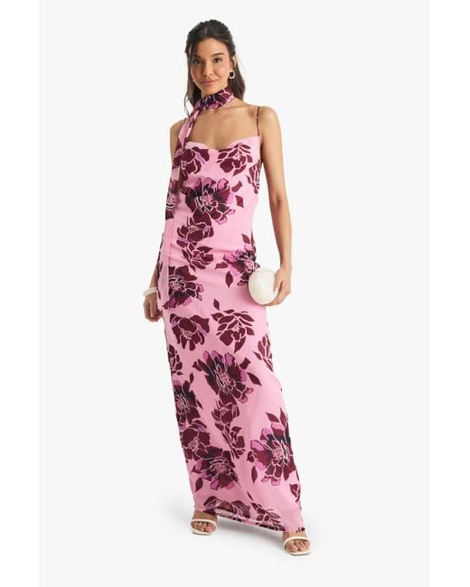 Boohoo Floral Chiffon Slip Dress With Neck Tie in Pink Lyst UK