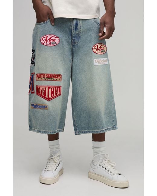 BoohooMAN Blue Tall Longline Varsity Badge Washed Denim Jorts for men