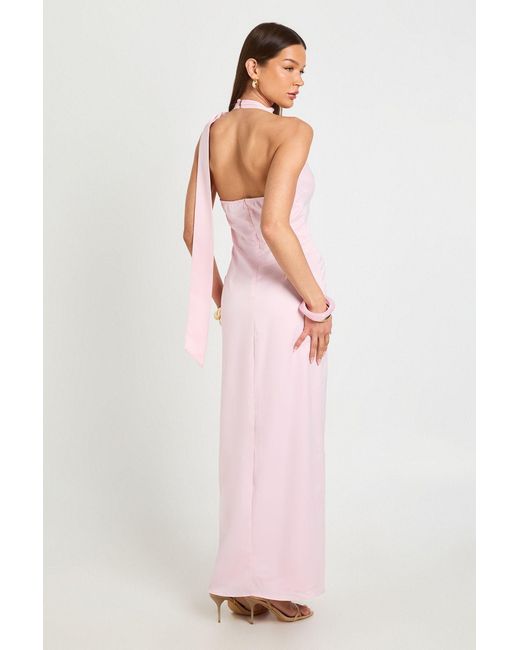 Boohoo Pink Satin Plunge Maxi Dress With Neck Tie