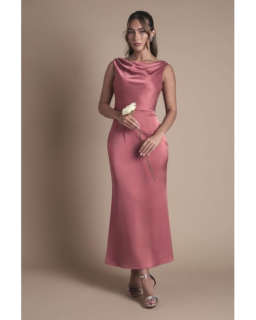Oasis Pink Cowl Neck Open Back Midi Bridesmaid Dress