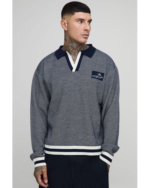 BoohooMAN Gray Tall Contrast Edge Open Knit Boxy Oversized Turtle Neck Sweater for men