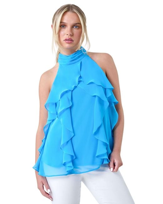 Roman Petite Blue Halter Neck Frill Top