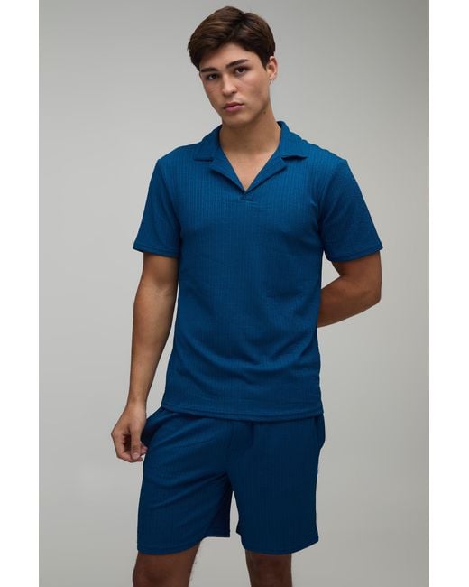 BoohooMAN Blue Jersey Textured Ribbed Slim Fit Polo & Relaxed Short Set for men
