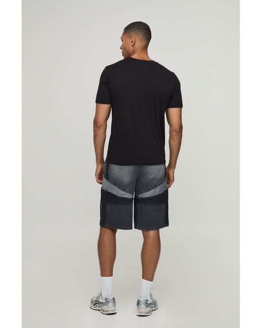 BoohooMAN Black Regular Moto Applique Jorts for men