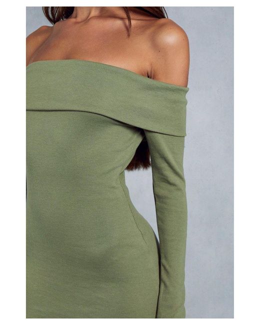 MissPap Green Ribbed Off The Shoulder Long Sleeve Mini Dress
