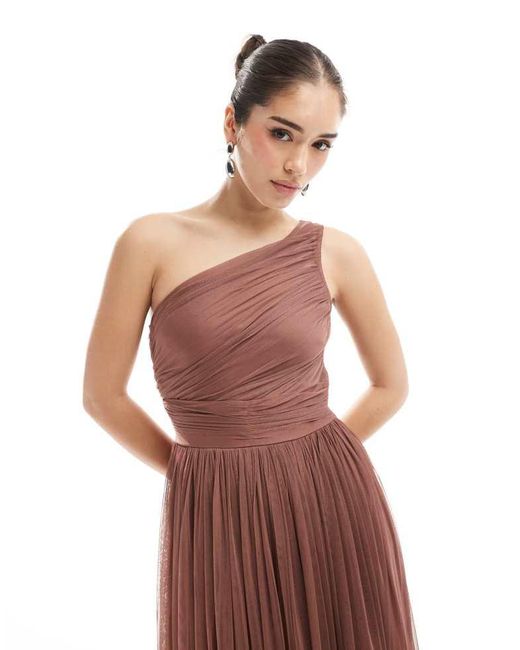 LACE & BEADS Brown Bridesmaid One Shoulder Tulle Maxi Dress