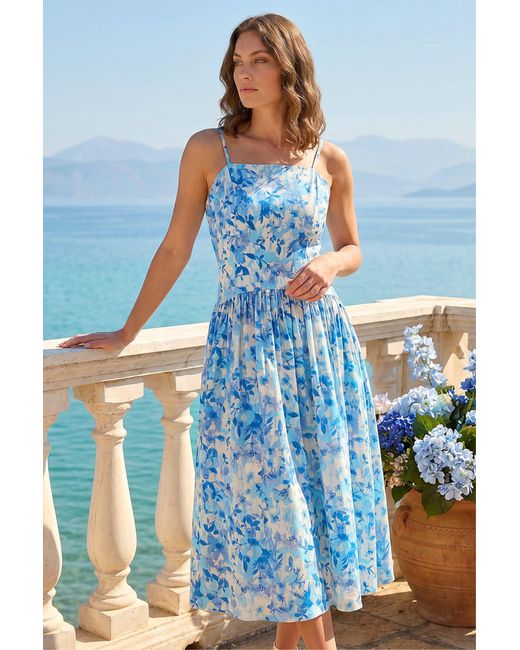 Roman Blue Petite Floral Strappy Drop Waist Dress