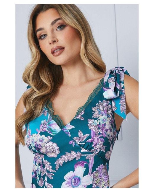 Oasis Blue Occasion Floral Satin Lace Insert Midi Dress