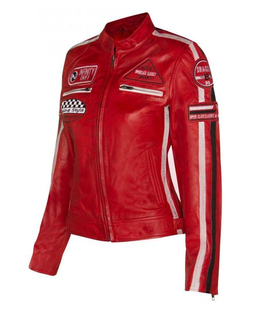 Infinity Leather Red Biker Racing Badges Jacket-Agadir