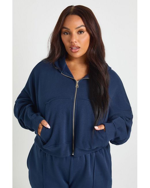 Boohoo Blue Plus Core Basic Boxy Balloon Sleeve Oversized Zip Through Hoodie