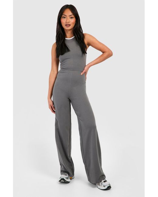Boohoo Gray Contrast Binding Racer Neck Jumpsuit
