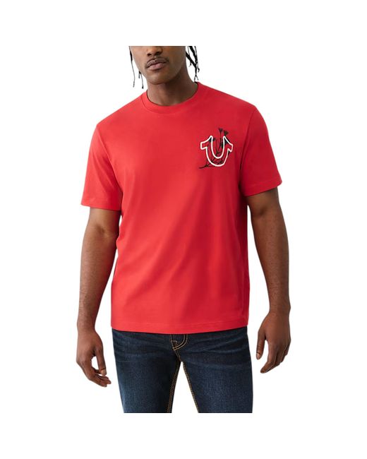 True Religion Red T Shirts Nature Graphic Crew Neck Summer Cotton Tee for men