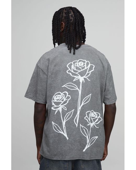 BoohooMAN Gray Washed Oversized Floral Line Drawn Print T-Shirt Cotton for men