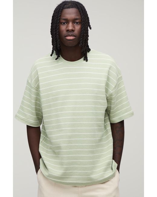 BoohooMAN Green Oversized Striped Short Sleeve Waffle T-Shirt for men