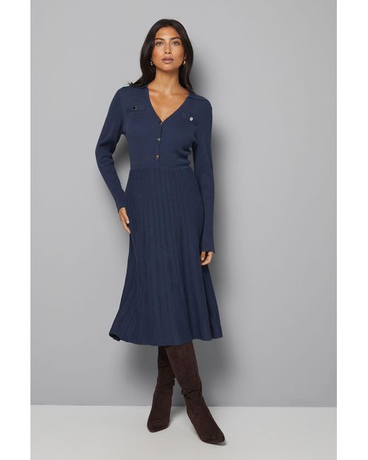 Wallis Blue Statement Button Pleated Knitted Dress