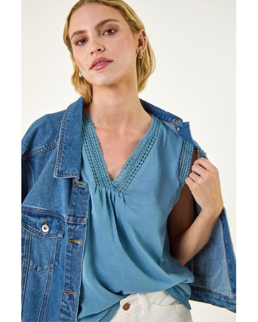 Roman Blue Sleeveless V-Neck Lace Trim Cotton Top
