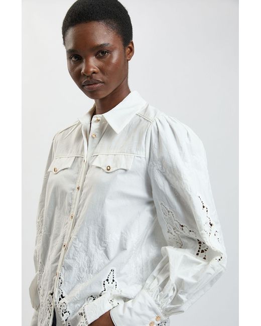 Karen Millen White Cotton Cutwork Balloon Sleeve Woven Shirt