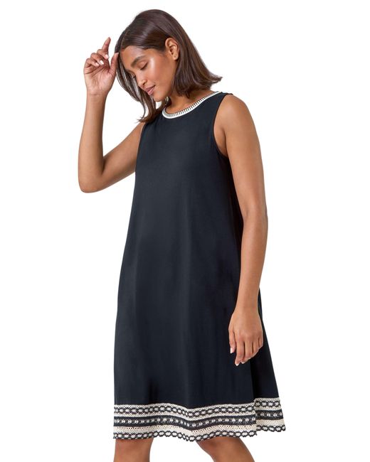 Roman Blue Embroidered Trim Stretch Jersey Shift Dress