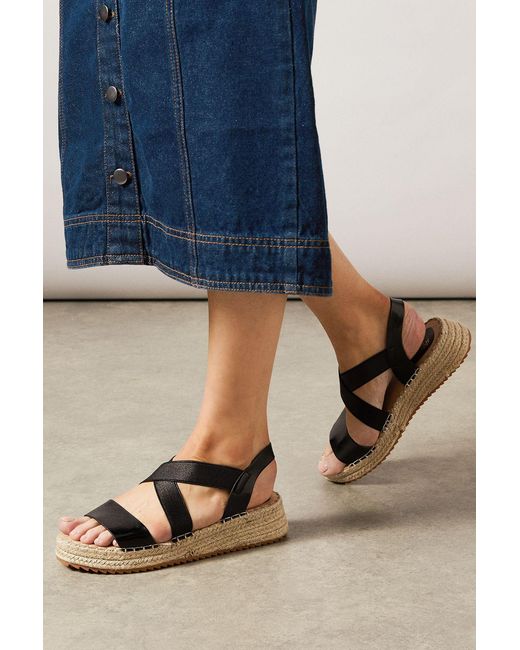 Good for the Sole Blue Farah Faux Leather Elastic Cross Strap Espadrille Flatform Wedge Sandals