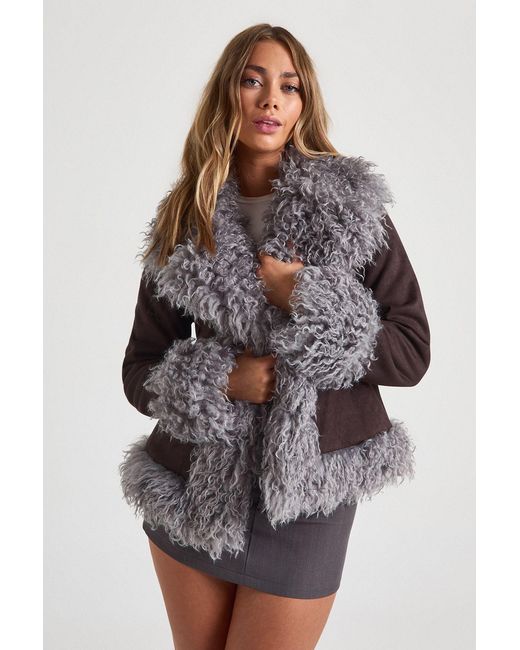 Boohoo Brown Faux Fur Trim Suede Look Coat